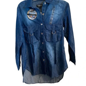 Thrill blue jean button down casual western belted pocket dress shirt 70s vibe